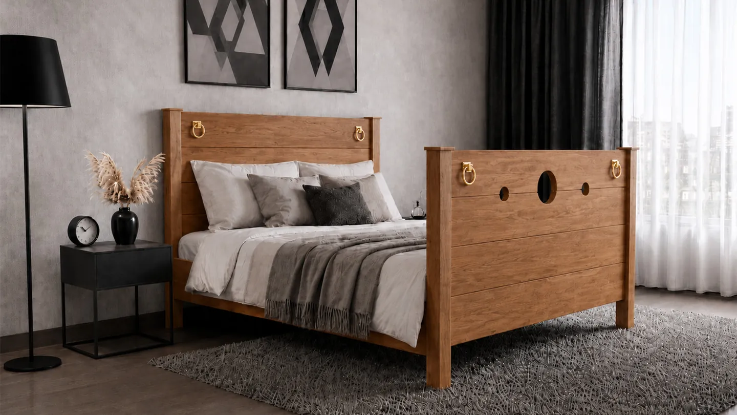 BOMINA Bett Modell Massive Premium Eiche mit goldenen Ringen im Schlafzimmer